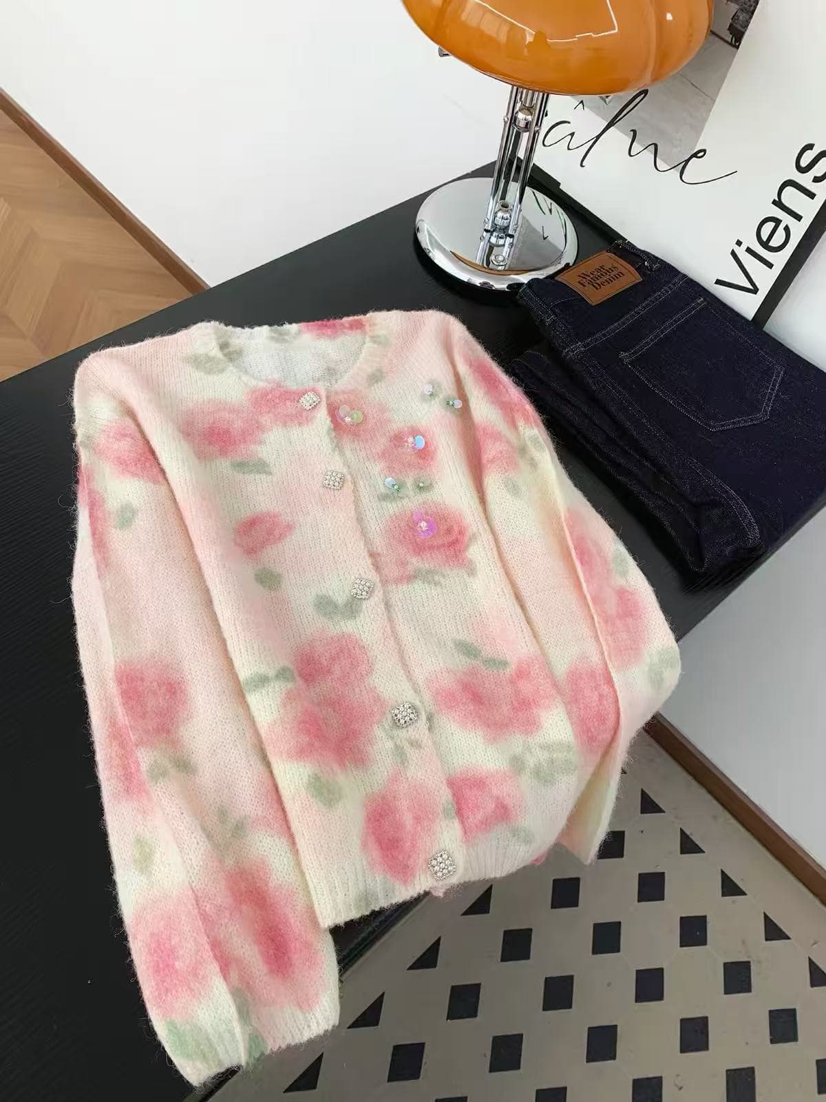 프랑스식 낭만주의 바람 핑크색 꽃 헤일로 염색 니트 오픈 가디건 여성 봄 가을 아름다운 패션 스팽글 스웨터 코트 맨위 이미지 4