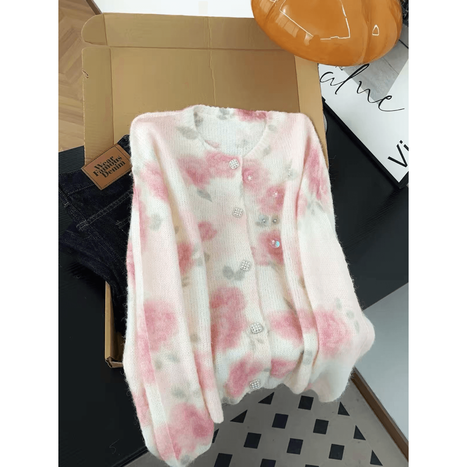 프랑스식 낭만주의 바람 핑크색 꽃 헤일로 염색 니트 오픈 가디건 여성 봄 가을 아름다운 패션 스팽글 스웨터 코트 맨위 이미지 5
