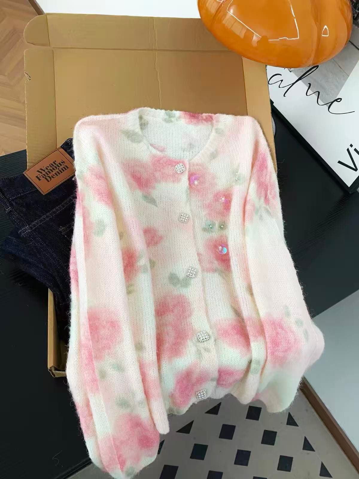 프랑스식 낭만주의 바람 핑크색 꽃 헤일로 염색 니트 오픈 가디건 여성 봄 가을 아름다운 패션 스팽글 스웨터 코트 맨위 상세 이미지 6
