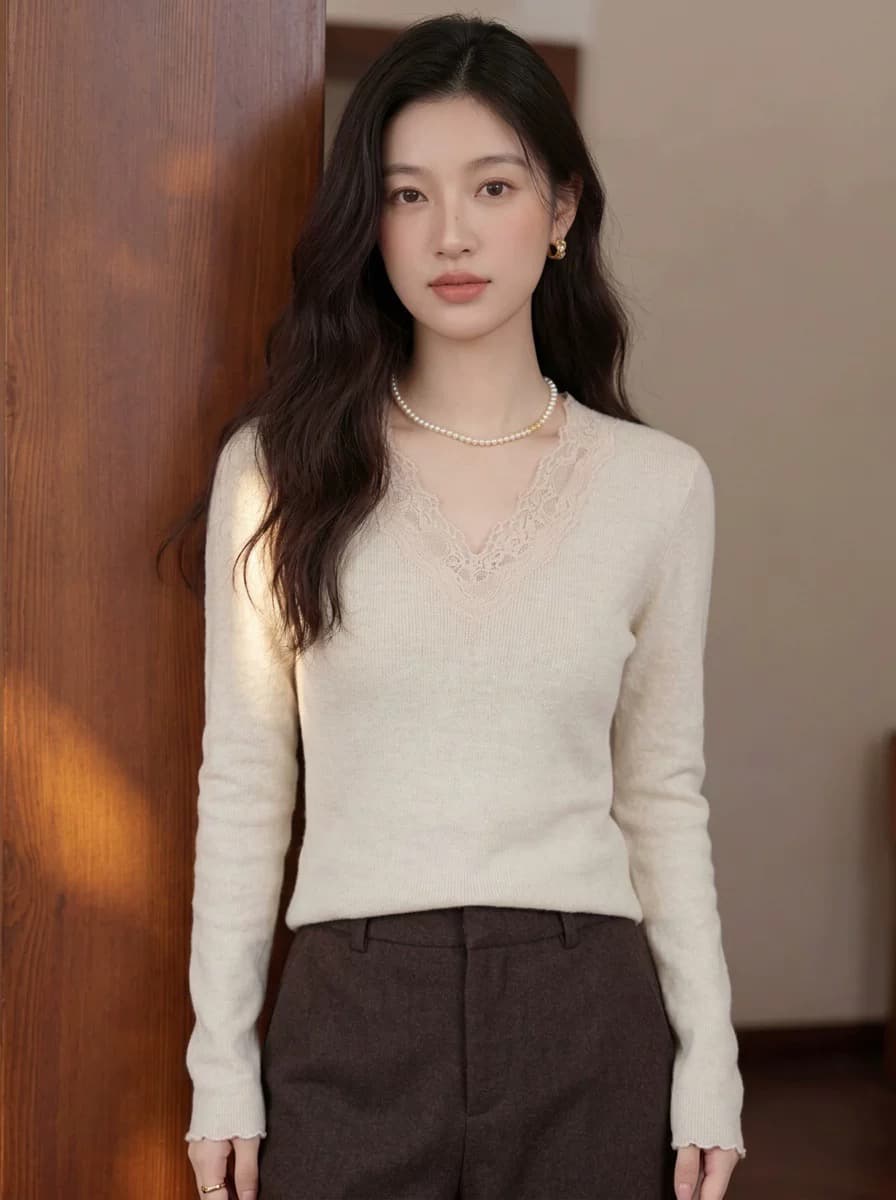 프랑스식 부드러운 바람 V넥 레이스 조각 니트 스웨터 여성 봄 가을 몸매 가꾸기 슬림해 보이는 긴팔 기본 셔츠 인사이드 잡아라. 의류