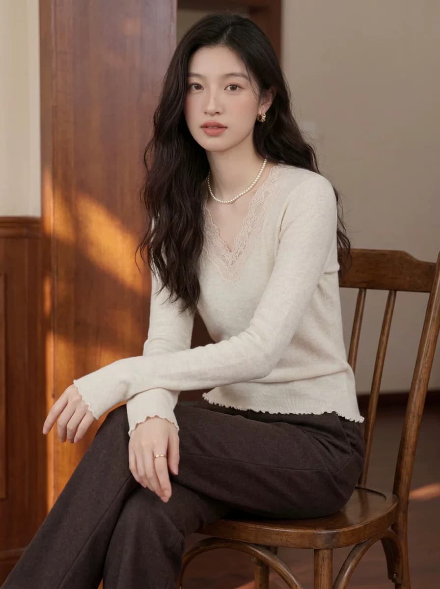 프랑스식 부드러운 바람 V넥 레이스 조각 니트 스웨터 여성 봄 가을 몸매 가꾸기 슬림해 보이는 긴팔 기본 셔츠 인사이드 잡아라. 의류 이미지 2