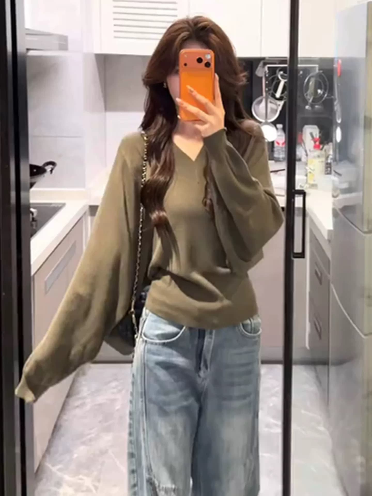 한 부서 착용 가져 가라. 녹색 V넥 긴팔 니트 스웨터 여성 가을 고유 한 아름다운 자이언트 잘 생긴 ~ 중 허리 수축 쇼트 스타일 맨위
