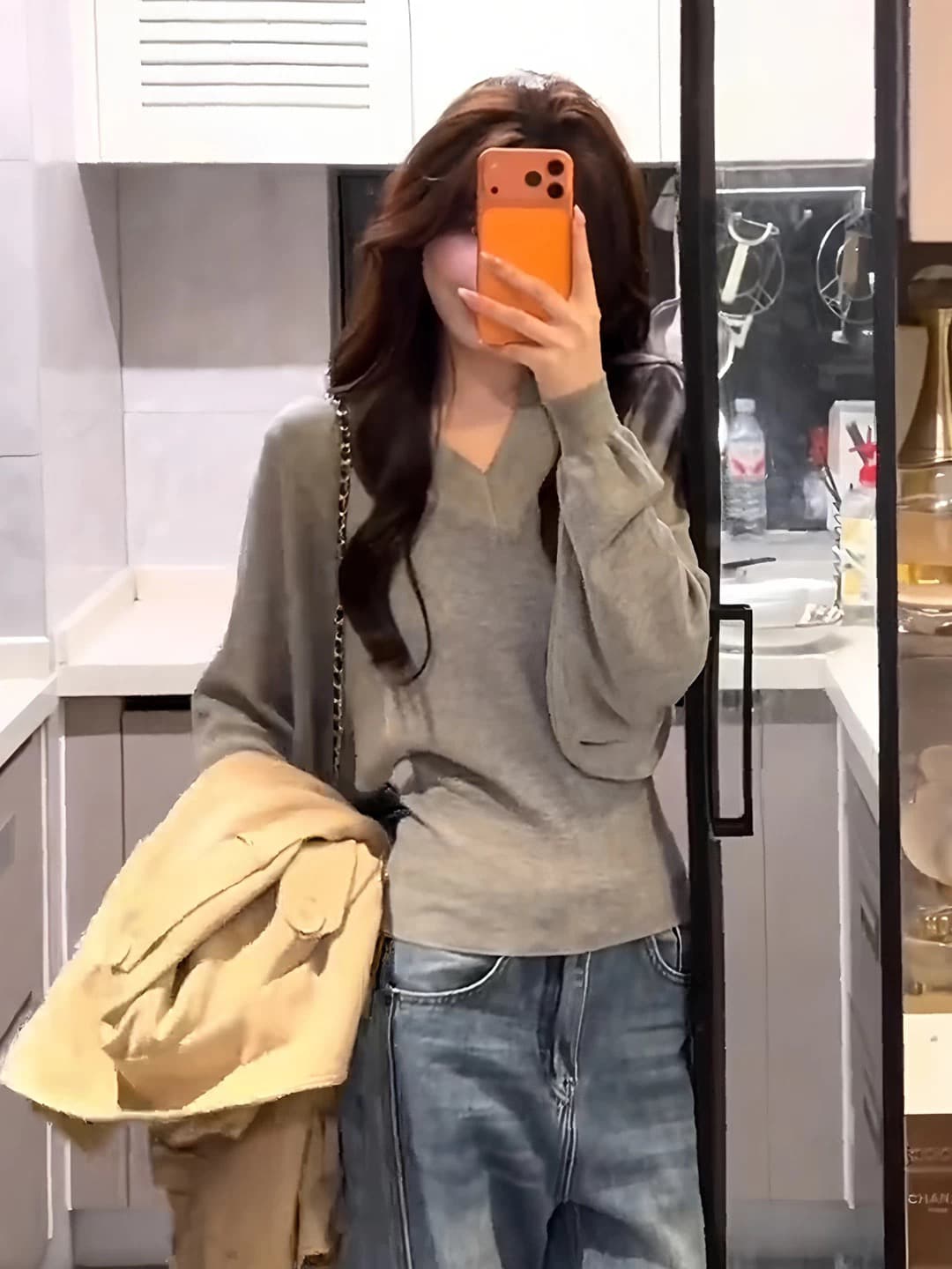 한 부서 착용 가져 가라. 녹색 V넥 긴팔 니트 스웨터 여성 가을 고유 한 아름다운 자이언트 잘 생긴 ~ 중 허리 수축 쇼트 스타일 맨위 이미지 3