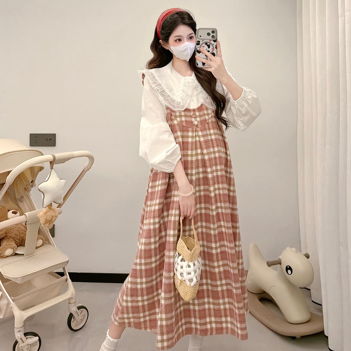 실사 패션 빅 사이즈 202 년 모직 체크무늬 출산 착용 멜빵 스커트 셔츠 이미지 4