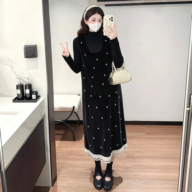 실사 패션 빅 사이즈 2026 연금 벨벳 출산 착용 멜빵 스커트 빅 사이즈 스웨터 세트 이미지 5