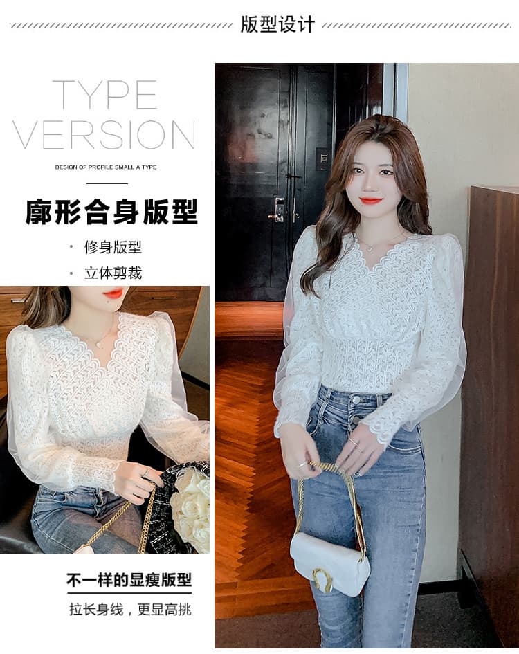 실사 2026 봄 V넥 허리 수축 망사 거품 소매 품격 레이스 셔츠 슬림해 보이는 부드러운 숙녀 맨위 상세 이미지 2