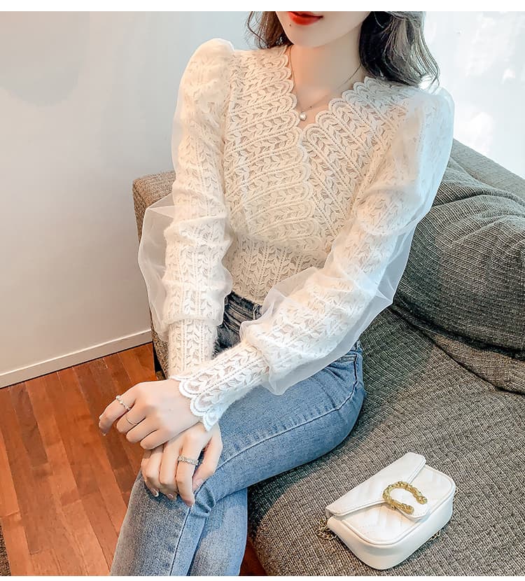 실사 2026 봄 V넥 허리 수축 망사 거품 소매 품격 레이스 셔츠 슬림해 보이는 부드러운 숙녀 맨위 상세 이미지 13