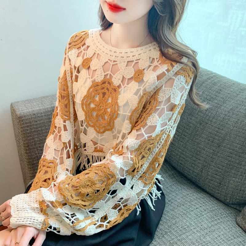 실사 2026 봄 한국 스타일 달콤함 기하학 패턴 긴팔 라운드 넥 풀오버 레이스 셔츠 쉬폰 블라우스 이미지 2