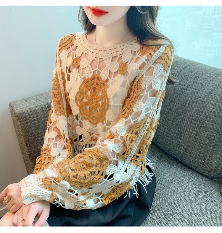 실사 2026 봄 한국 스타일 달콤함 기하학 패턴 긴팔 라운드 넥 풀오버 레이스 셔츠 쉬폰 블라우스 상세 이미지 16