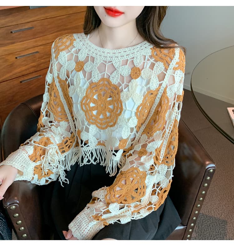 실사 2026 봄 한국 스타일 달콤함 기하학 패턴 긴팔 라운드 넥 풀오버 레이스 셔츠 쉬폰 블라우스 상세 이미지 22