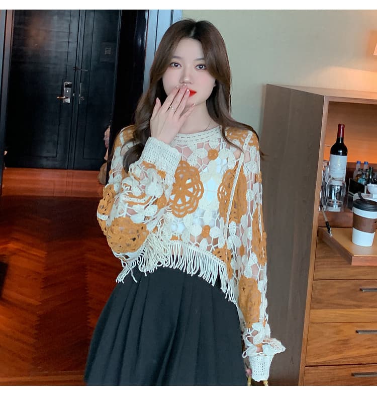 실사 2026 봄 한국 스타일 달콤함 기하학 패턴 긴팔 라운드 넥 풀오버 레이스 셔츠 쉬폰 블라우스 상세 이미지 28