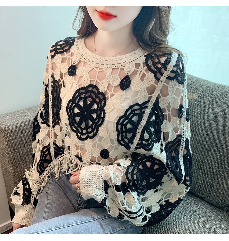실사 2026 봄 한국 스타일 달콤함 기하학 패턴 긴팔 라운드 넥 풀오버 레이스 셔츠 쉬폰 블라우스 상세 이미지 30