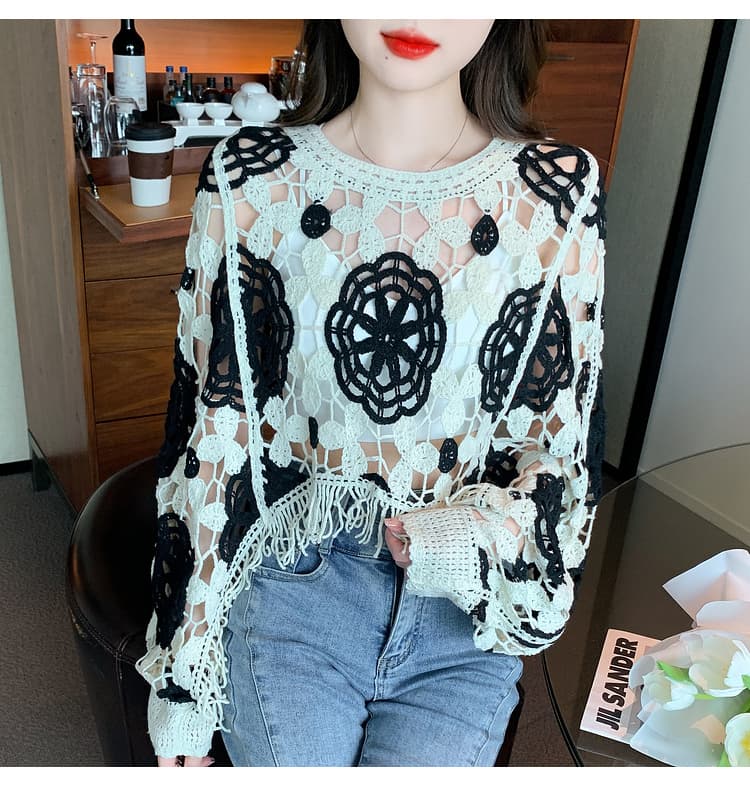 실사 2026 봄 한국 스타일 달콤함 기하학 패턴 긴팔 라운드 넥 풀오버 레이스 셔츠 쉬폰 블라우스 상세 이미지 33