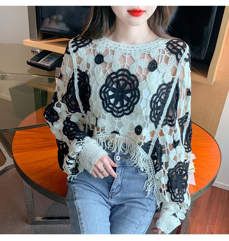 실사 2026 봄 한국 스타일 달콤함 기하학 패턴 긴팔 라운드 넥 풀오버 레이스 셔츠 쉬폰 블라우스 상세 이미지 37