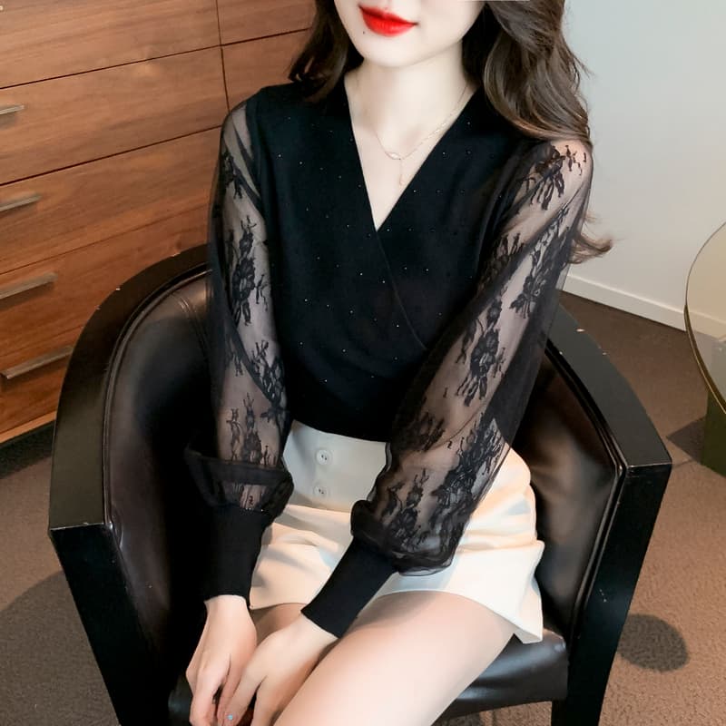 실사 2026 봄 새로운 이슬 쇄골 망사 몸매 가꾸기 슬림해 보이는 긴팔 맨위 기본 셔츠 이미지 4