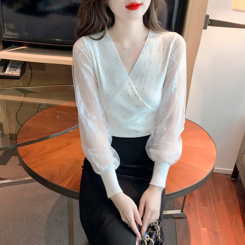 실사 2026 봄 새로운 이슬 쇄골 망사 몸매 가꾸기 슬림해 보이는 긴팔 맨위 기본 셔츠 이미지 5