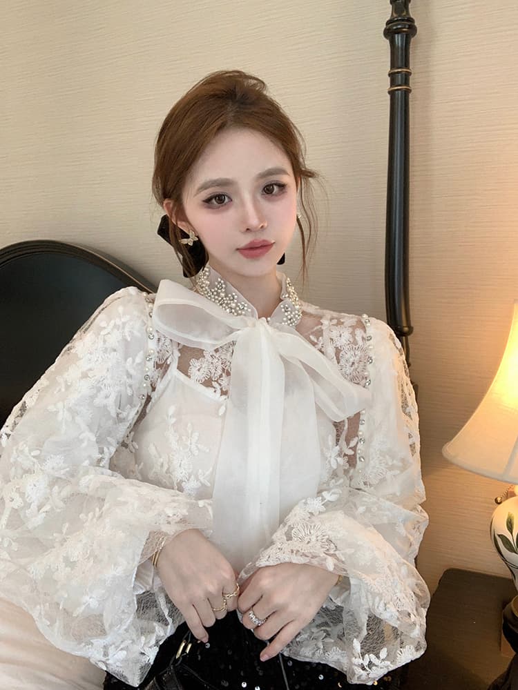 실사 봄 슈퍼 요정 나비 넥타이 거품 소매 무거운 작업 레이스 망사 자수 홀로우 아웃 투피스 세트 맨위 이미지 2