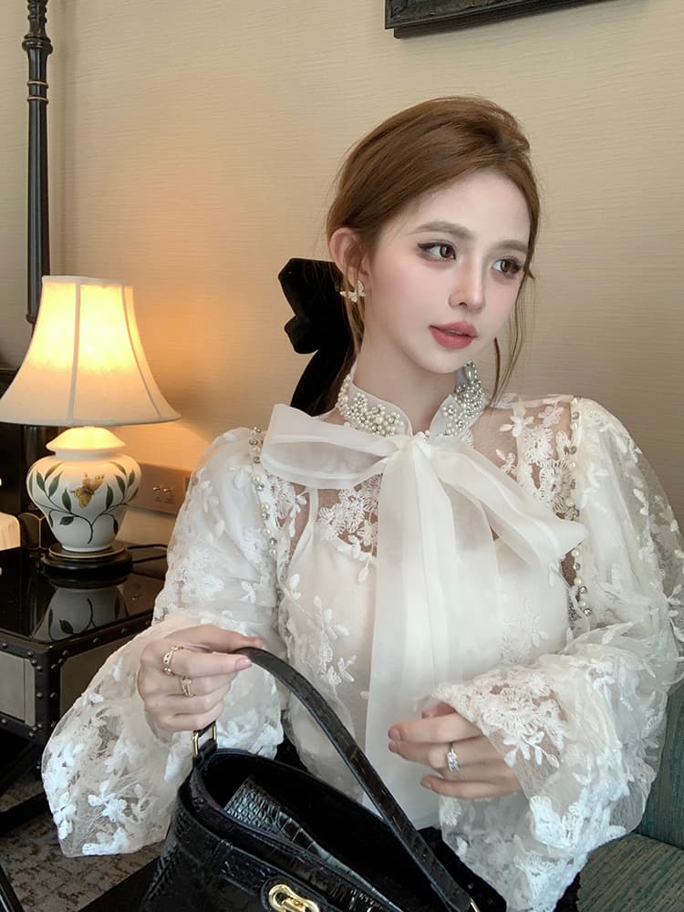 실사 봄 슈퍼 요정 나비 넥타이 거품 소매 무거운 작업 레이스 망사 자수 홀로우 아웃 투피스 세트 맨위 상세 이미지 4