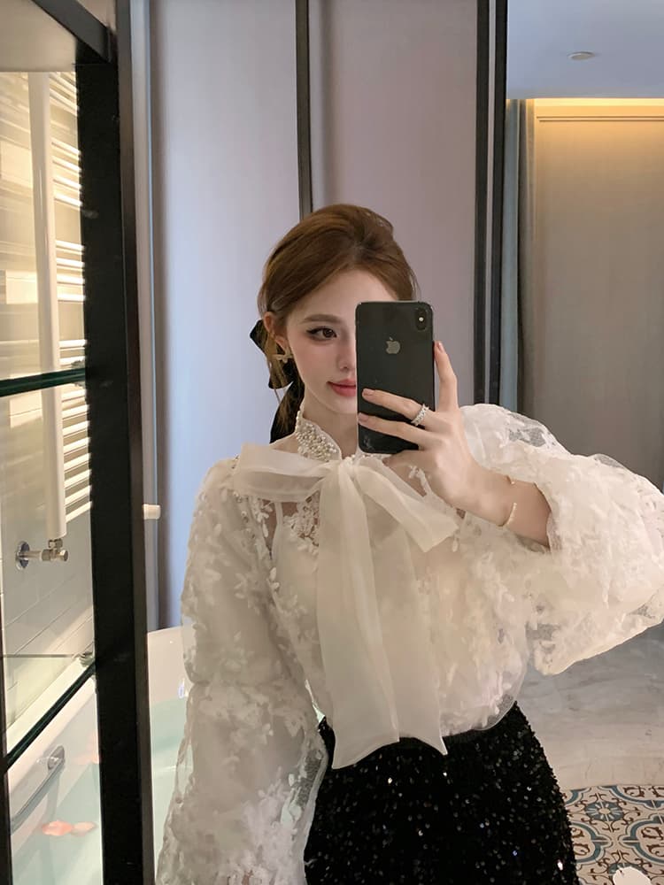 실사 봄 슈퍼 요정 나비 넥타이 거품 소매 무거운 작업 레이스 망사 자수 홀로우 아웃 투피스 세트 맨위 상세 이미지 14