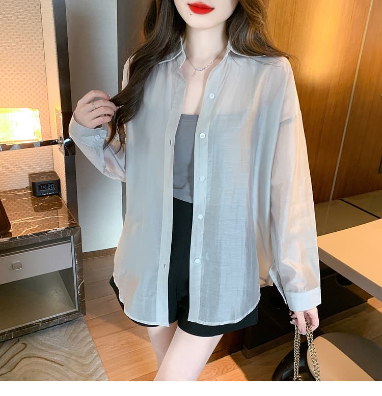 실사 2024 가을 단추 단색 태양 보호 셔츠 루즈핏 POLO 칼라 셔츠 이미지 3