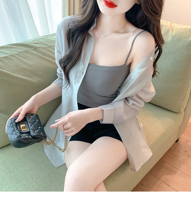 실사 2024 가을 단추 단색 태양 보호 셔츠 루즈핏 POLO 칼라 셔츠 상세 이미지 3