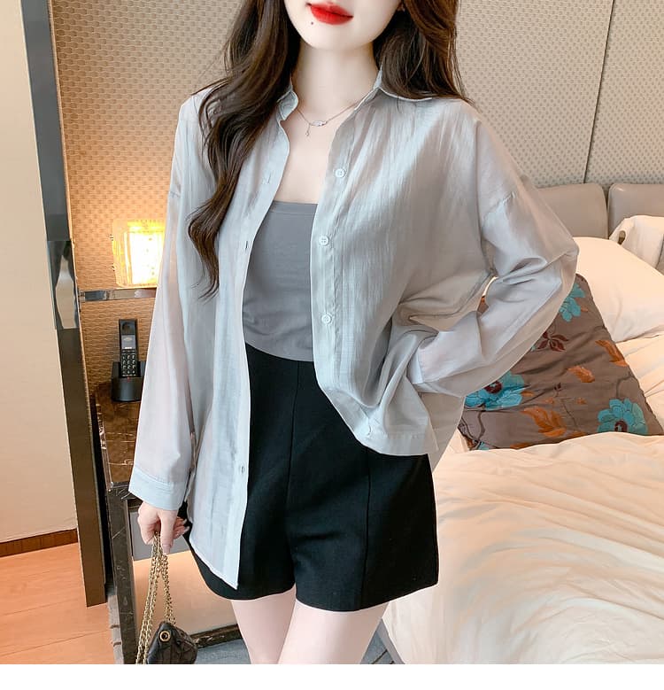 실사 2024 가을 단추 단색 태양 보호 셔츠 루즈핏 POLO 칼라 셔츠 상세 이미지 4