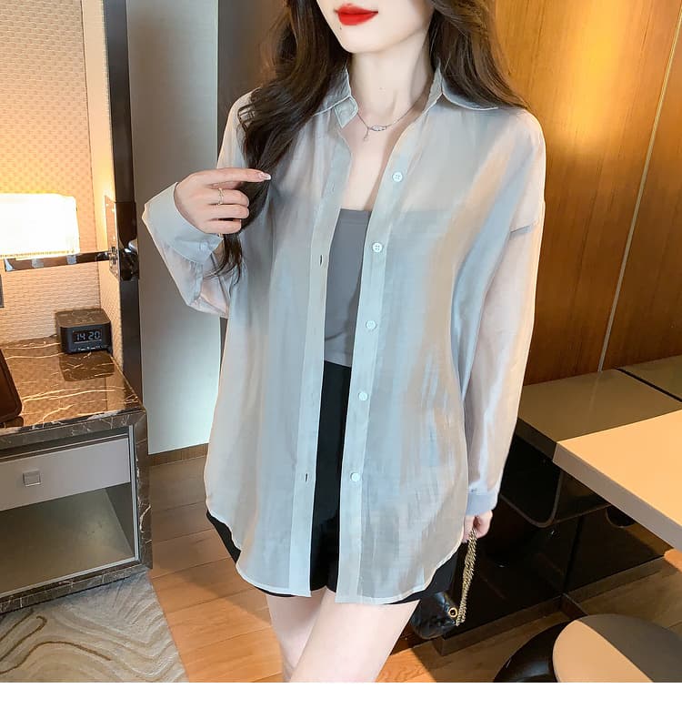 실사 2024 가을 단추 단색 태양 보호 셔츠 루즈핏 POLO 칼라 셔츠 상세 이미지 6