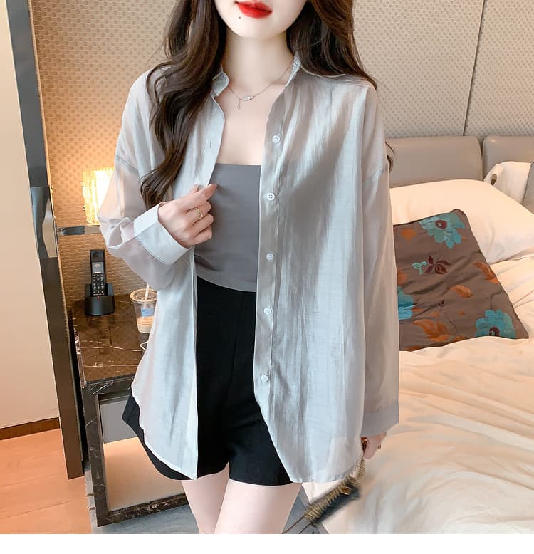 실사 2024 가을 단추 단색 태양 보호 셔츠 루즈핏 POLO 칼라 셔츠 상세 이미지 7