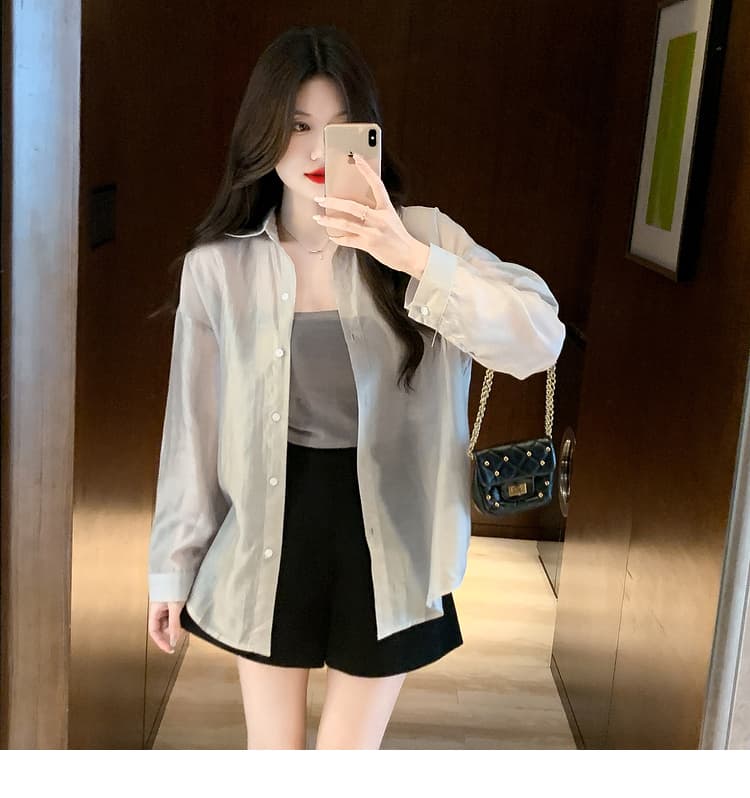 실사 2024 가을 단추 단색 태양 보호 셔츠 루즈핏 POLO 칼라 셔츠 상세 이미지 8