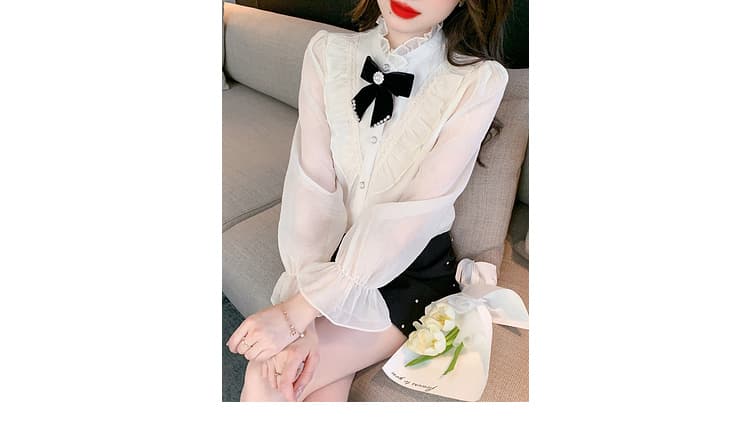 실사 봄 2026 년 새로운 작은 샤넬 스타일 나비 레이스 여성 셔츠 인사이드 가져 가라. 목이버섯 레이스 긴팔 맨위 상세 이미지 4