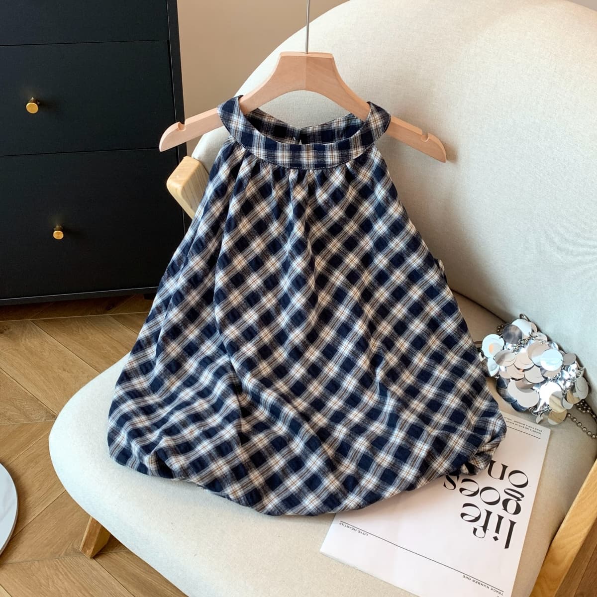 실사 홍콩 느낌 레트로 패션 체크무늬 배색 라운드 넥 민소매 행침 목 슬립 작은 셔츠 퍼프 밑단 표지 고기 맨위 상세 이미지 1