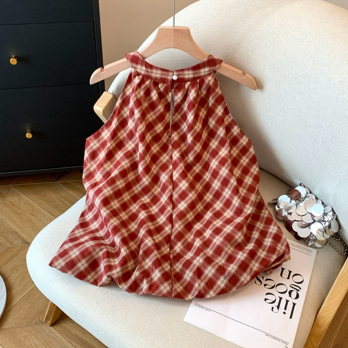 실사 홍콩 느낌 레트로 패션 체크무늬 배색 라운드 넥 민소매 행침 목 슬립 작은 셔츠 퍼프 밑단 표지 고기 맨위 상세 이미지 16