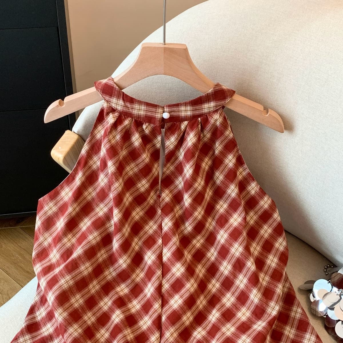 실사 홍콩 느낌 레트로 패션 체크무늬 배색 라운드 넥 민소매 행침 목 슬립 작은 셔츠 퍼프 밑단 표지 고기 맨위 상세 이미지 17