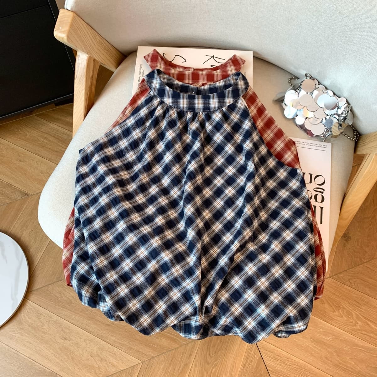 실사 홍콩 느낌 레트로 패션 체크무늬 배색 라운드 넥 민소매 행침 목 슬립 작은 셔츠 퍼프 밑단 표지 고기 맨위 상세 이미지 19