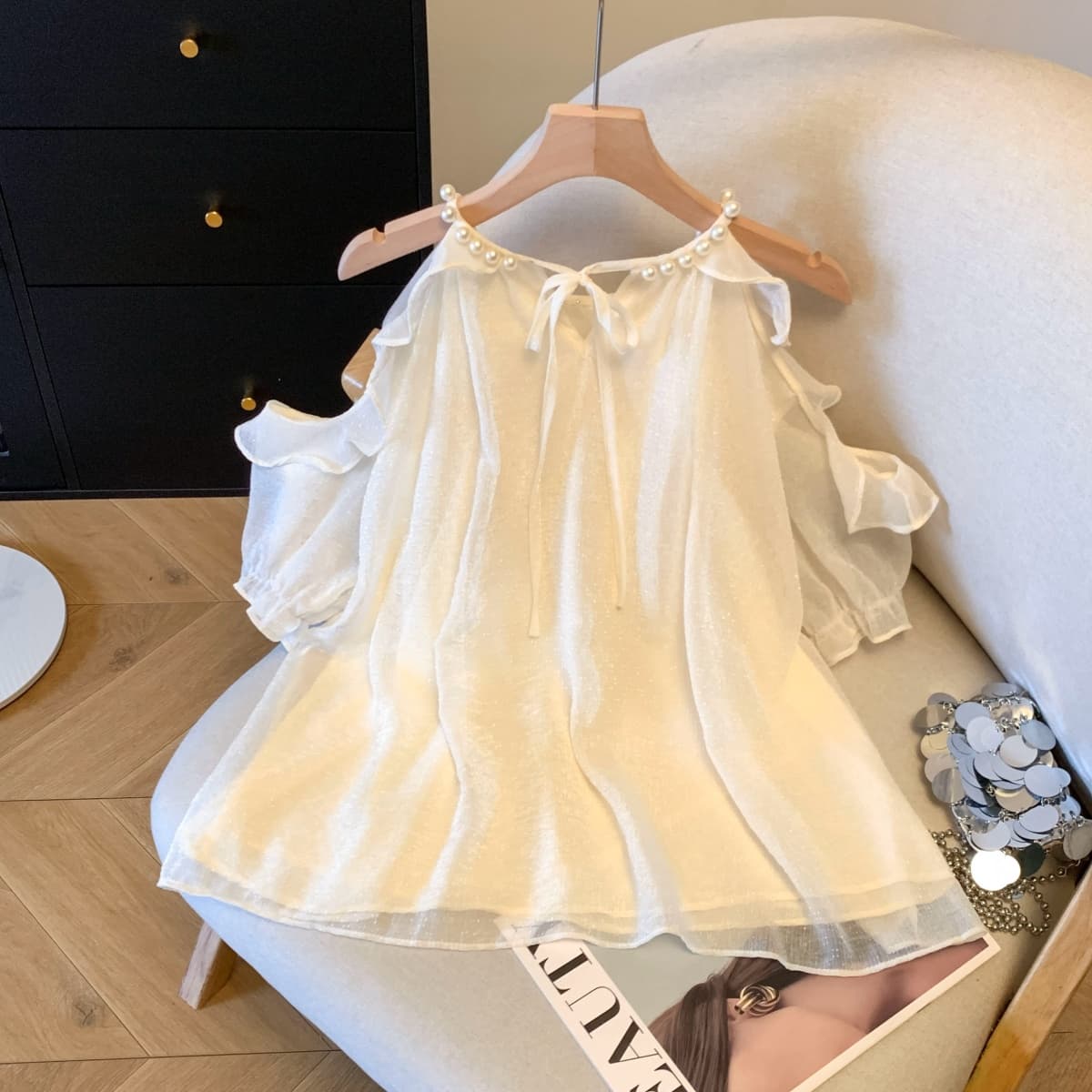 실사 부드러운 바람 순수한 욕망 섹시함 오프숄더 3 차원 꽃 진주 칼라 쉬폰 블라우스 슈퍼 요정 가스 중간 길이 맨위 상세 이미지 8