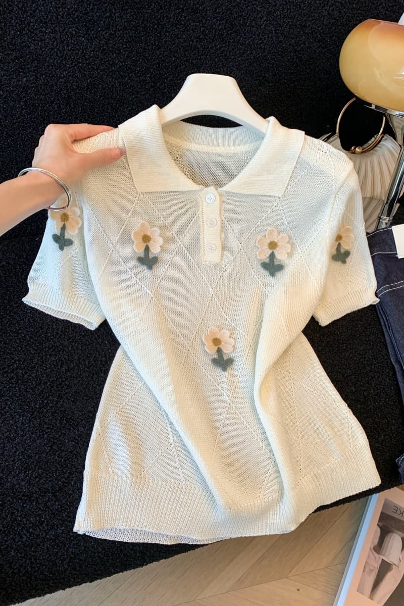 실사 한 부서 POLO 칼라 니트 반팔 2026 새로운 여름 꽃 자수 루즈핏 다용도 슬림해 보이는 맨위 이미지 6