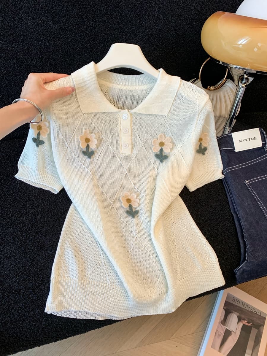 실사 한 부서 POLO 칼라 니트 반팔 2026 새로운 여름 꽃 자수 루즈핏 다용도 슬림해 보이는 맨위 상세 이미지 1