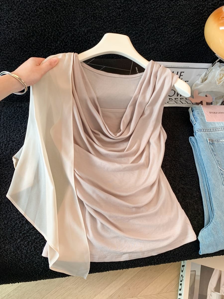 실사 한 부서 chic Chic 여름 프랑스식 흔들다 칼라 리본 조끼 낭만주의 불규칙 허리 수축 민소매 맨위 상세 이미지 9