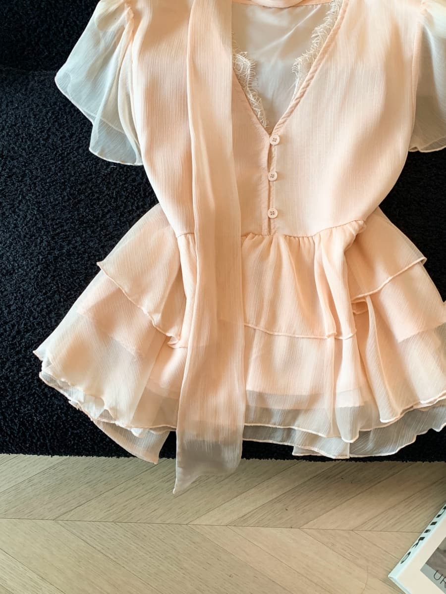 실사 한 스타일 달콤함 프릴 레이스 조각 시폰 셔츠 여성 여름 반팔 케이크 실 Chic 맨위 작은 셔츠 상세 이미지 20