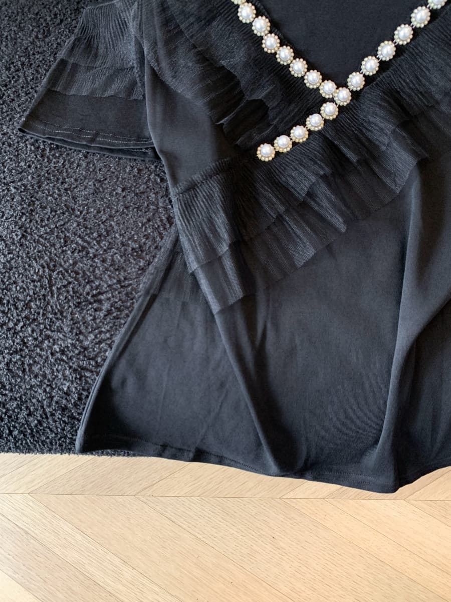 실사 2026 디자인 센스 무거운 작업 비즈 박기 망사 패치워크 티셔츠 여성 라운드 넥 여름 새로운 슬림해 보이는 오프숄더 맨위 상세 이미지 19