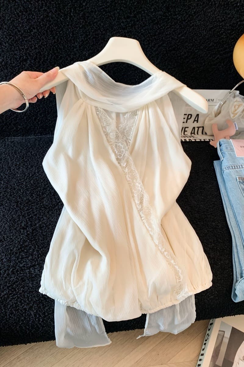 실사 프랑스식 부드러운 바람 여름 레이스 레이스 행침 목 쉬폰 블라우스 순수한 욕망 달콤함 다용도 민소매 풀오버 맨위 이미지 6
