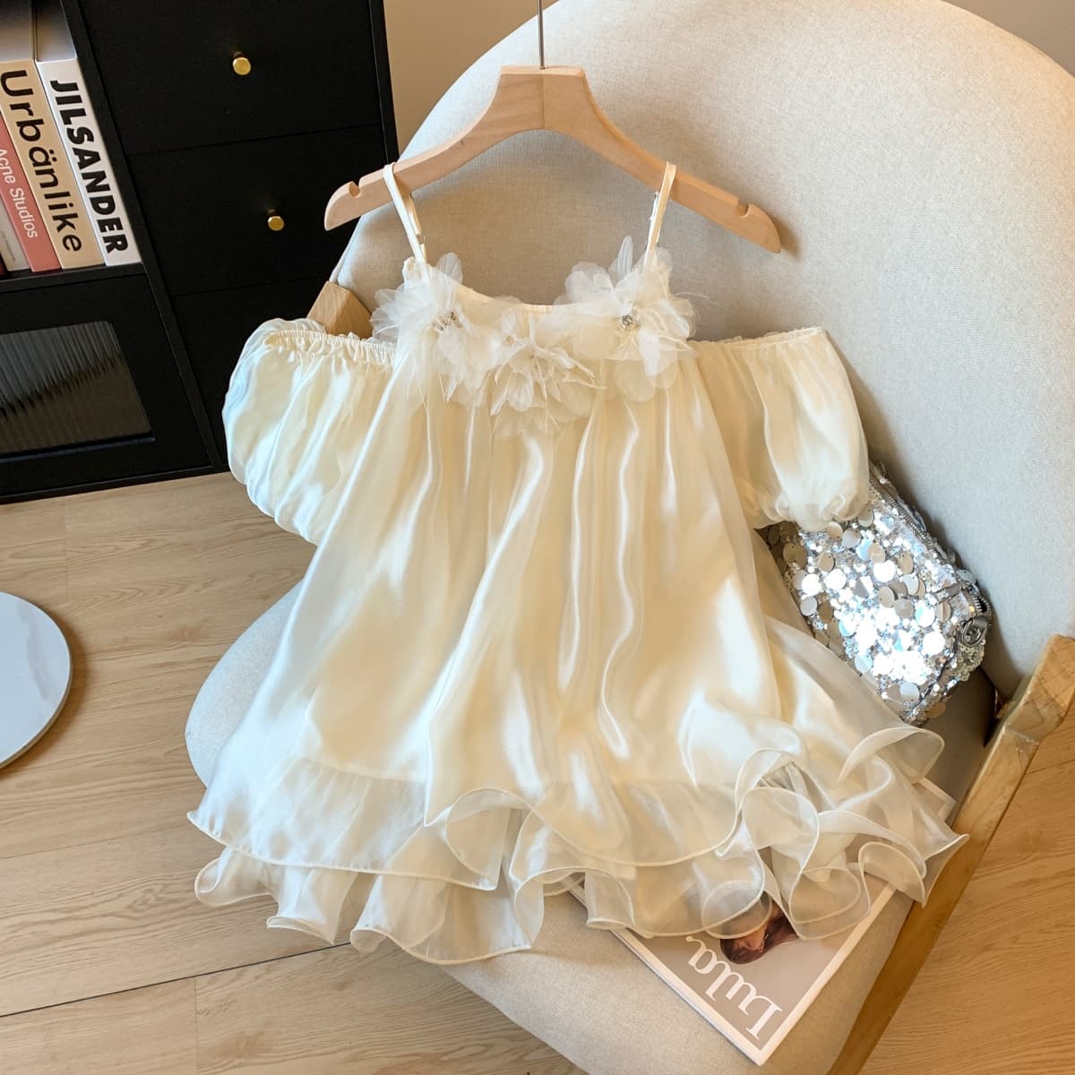 실사 부드러운 바람 순수한 욕망 섹시함 오프숄더 슬립 쉬폰 블라우스 3 차원 꽃 슈퍼 요정 가스 중간 길이 맨위 상세 이미지 1