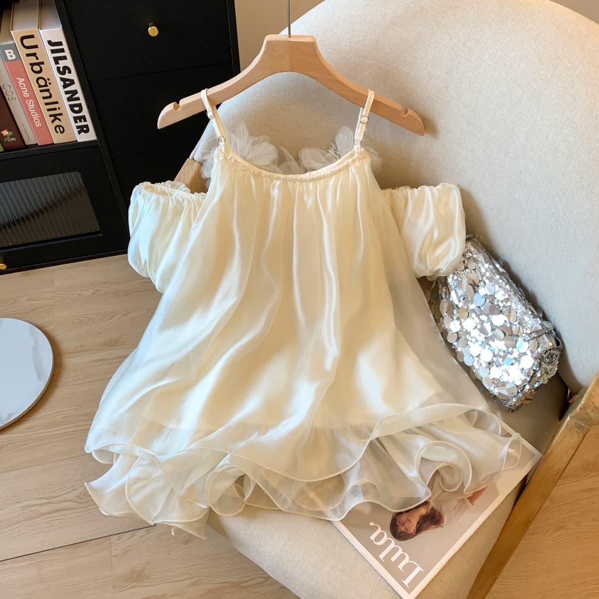 실사 부드러운 바람 순수한 욕망 섹시함 오프숄더 슬립 쉬폰 블라우스 3 차원 꽃 슈퍼 요정 가스 중간 길이 맨위 상세 이미지 8