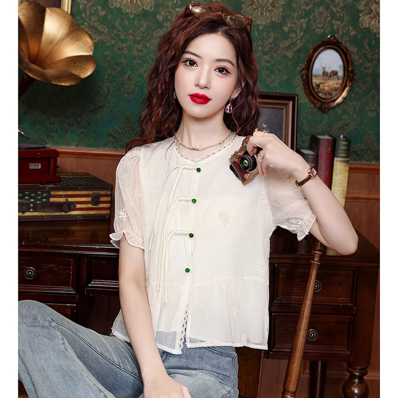 실사 새로운 중식 국풍 셔츠 2025 여름 새로운 슈퍼 요정 연령 감소 레이스 셔츠 자수 쉬폰 블라우스 맨위 이미지 4