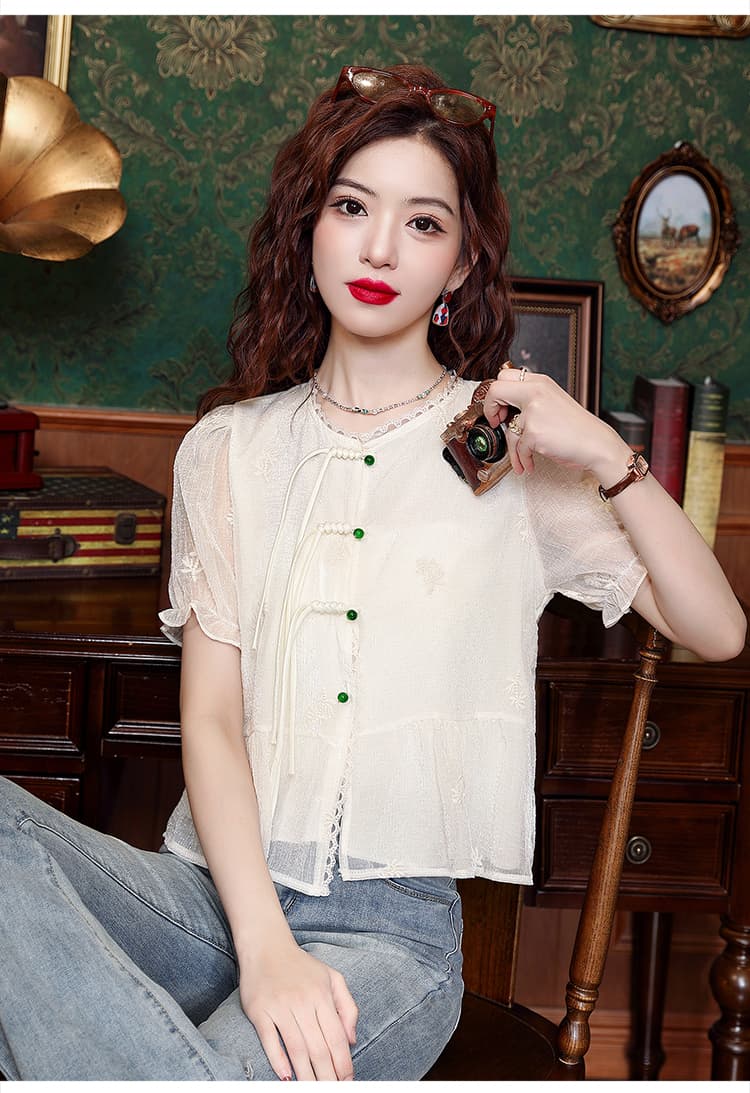실사 새로운 중식 국풍 셔츠 2025 여름 새로운 슈퍼 요정 연령 감소 레이스 셔츠 자수 쉬폰 블라우스 맨위 상세 이미지 14