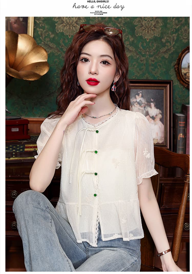 실사 새로운 중식 국풍 셔츠 2025 여름 새로운 슈퍼 요정 연령 감소 레이스 셔츠 자수 쉬폰 블라우스 맨위 상세 이미지 18