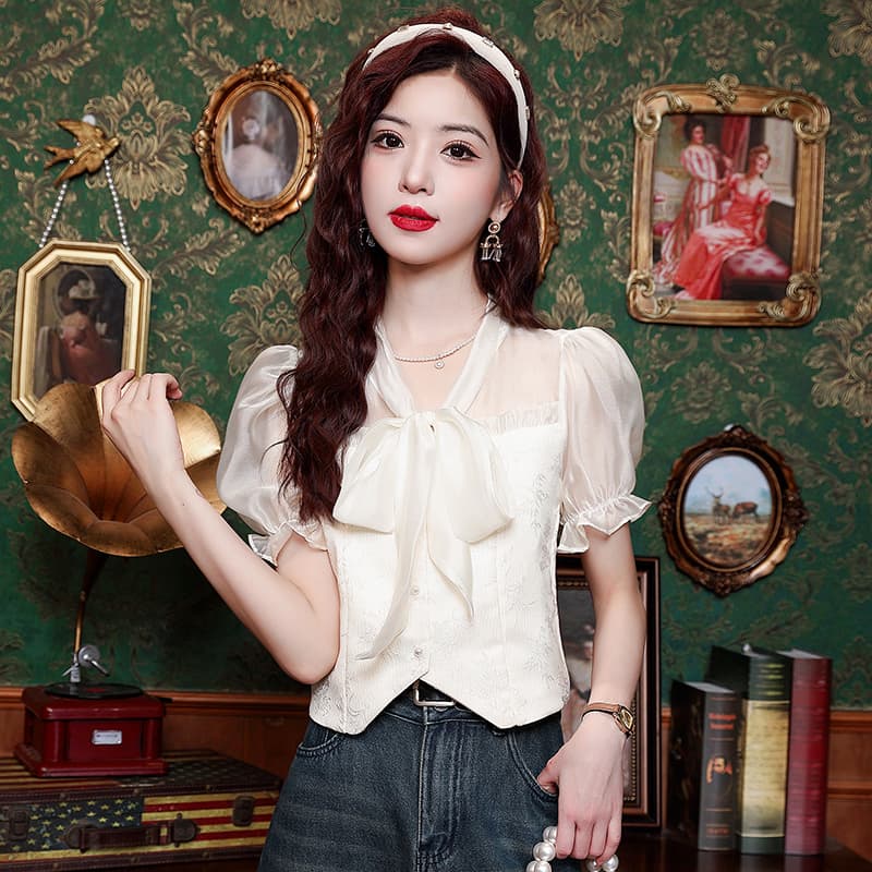 실사 2025 여름 프랑스식 부드러운 바람 달콤함 쉬폰 블라우스 반팔 자카드 여성 셔츠 나비 매듭 리본 맨위