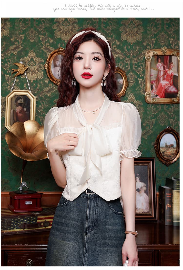 실사 2025 여름 프랑스식 부드러운 바람 달콤함 쉬폰 블라우스 반팔 자카드 여성 셔츠 나비 매듭 리본 맨위 상세 이미지 20