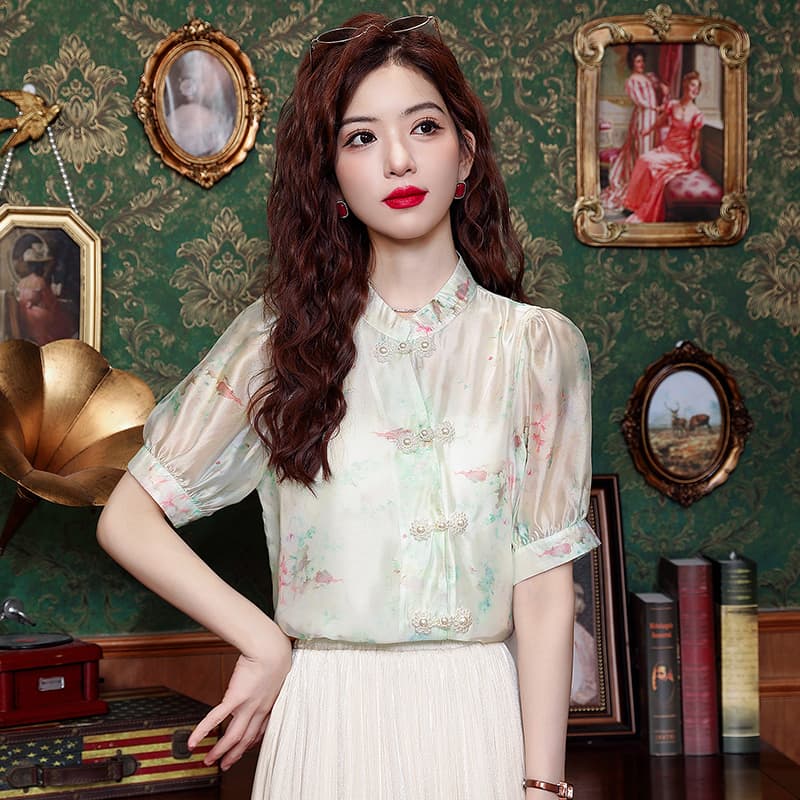 실사 여름 새로운 프랑스식 레트로 낭만주의 국풍 단추 반팔 스탠드 칼라 Chic 부드러운 여성 셔츠 ins