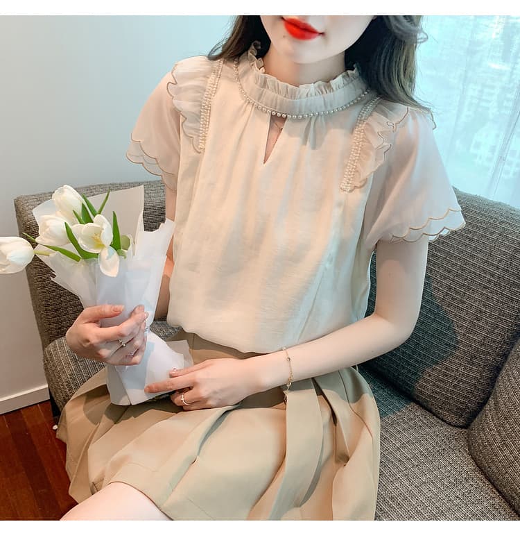 실사 2026 여름 새로운 나비 매듭 프릴 칼라 쉬폰 블라우스 셔츠 양성 및 음성 둘 착용 반팔 맨위 상세 이미지 18